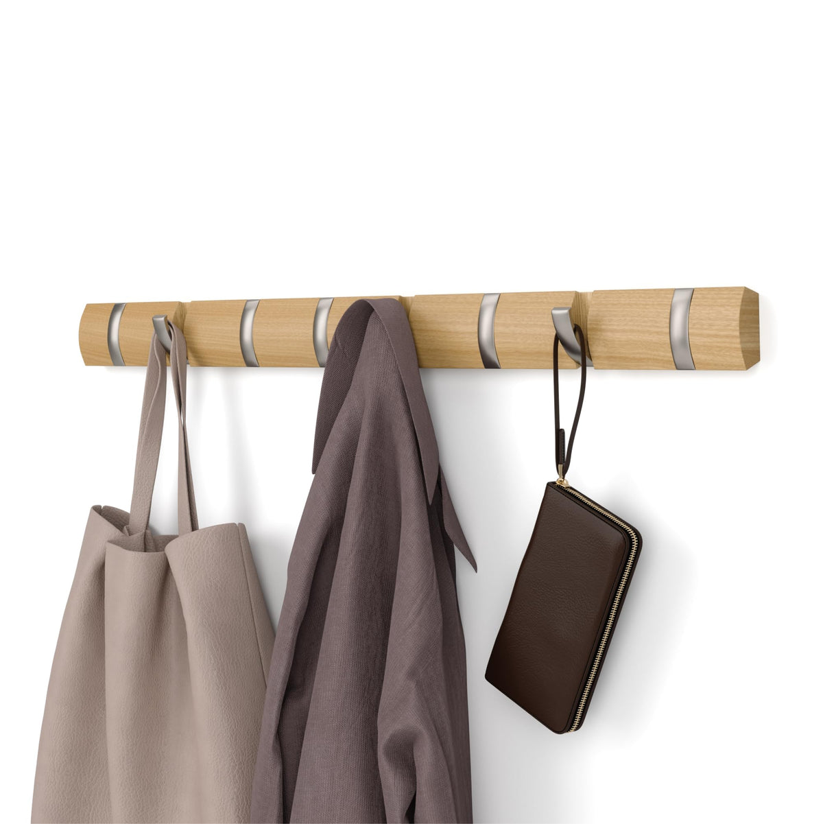 Umbra Flip Coat Rack, Wall Mount 8-Hook, Space Saving, Natural/Nickel