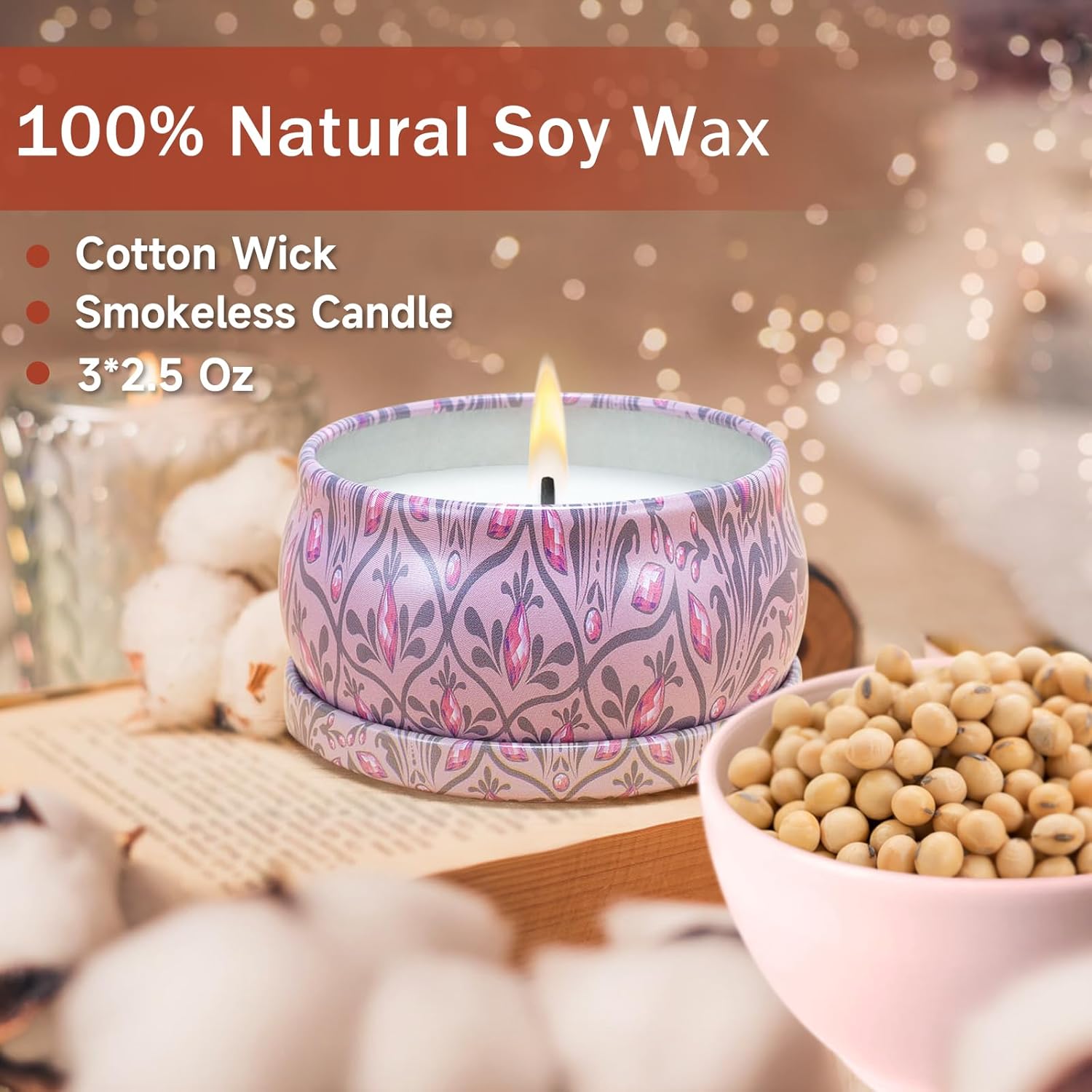 Candles Gifts for Women 3 Pack 2.5 oz Natural Floral Lavender Cherry and Rose Candles Set