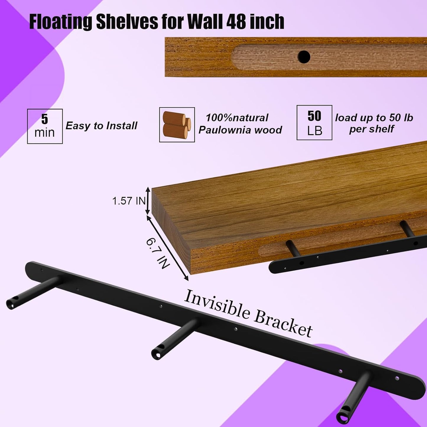 IAE Walnut Floating Wall Shelves 48 inch, Bathroom Shelves Wall Mounted,Invisible Shelves Floating