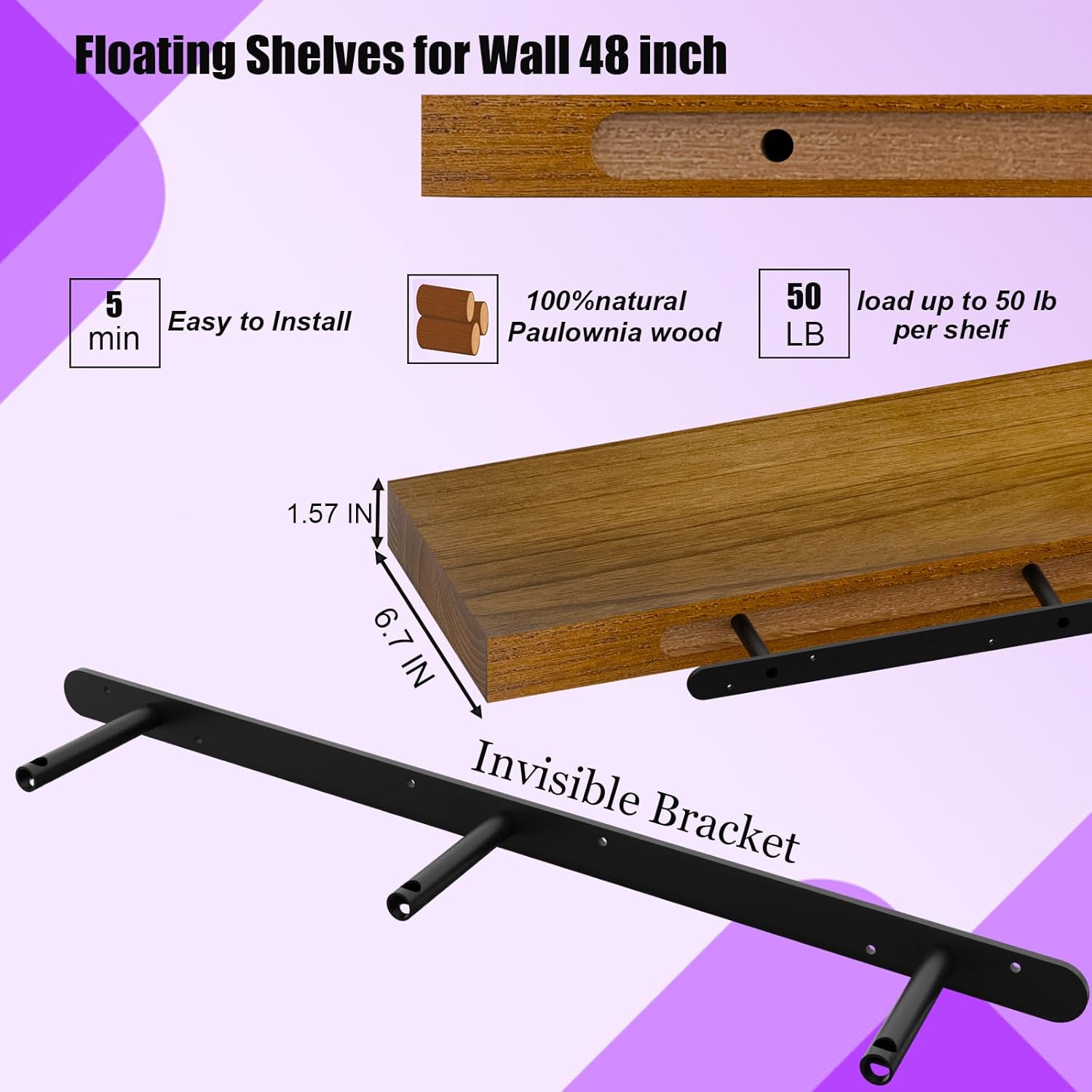 IAE Walnut Floating Wall Shelves 48 inch, Bathroom Shelves Wall Mounted,Invisible Shelves Floating