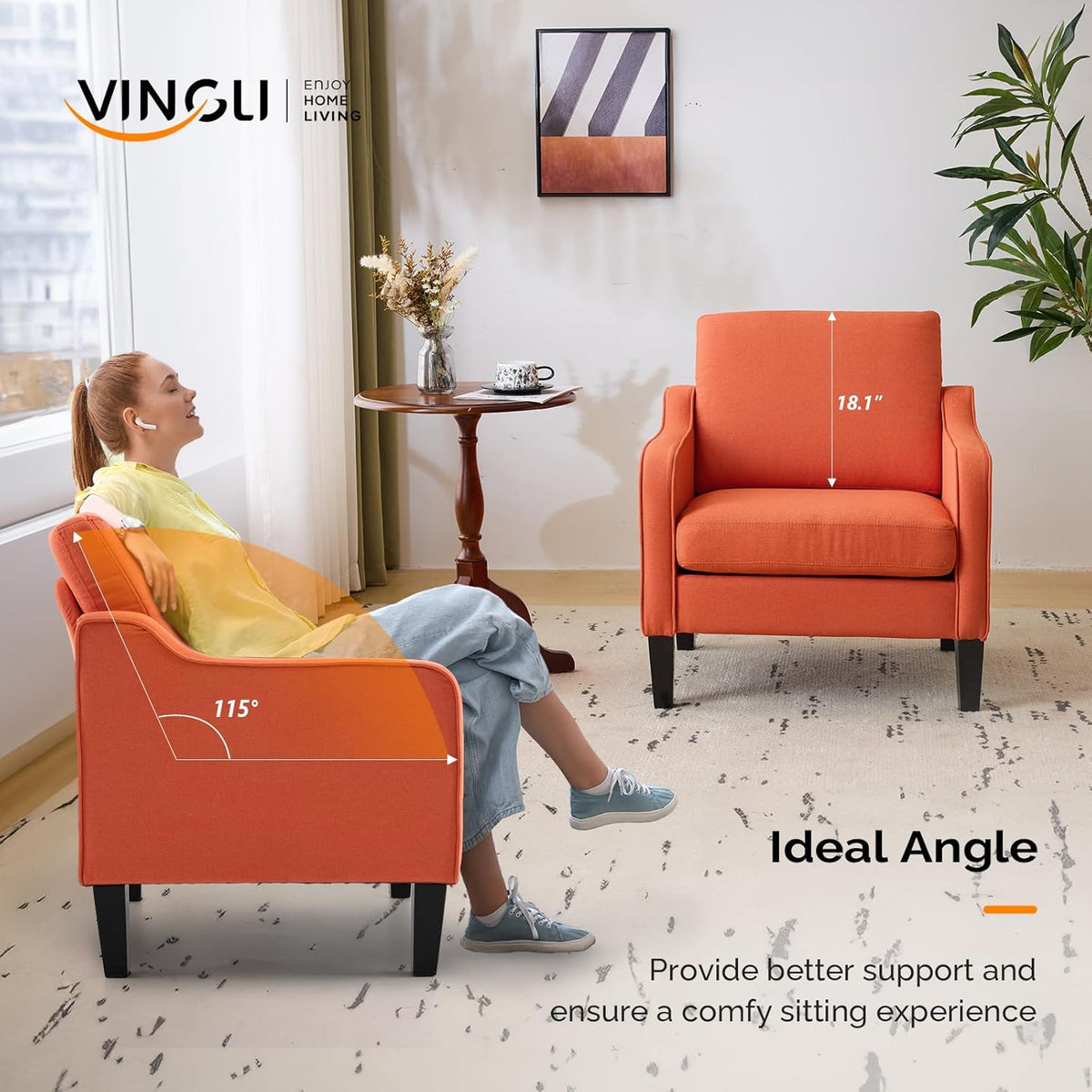VINGLI Burnt Orange Mid Century Modern Accent Chair for Living Room & Bedroom, Scooped Arm