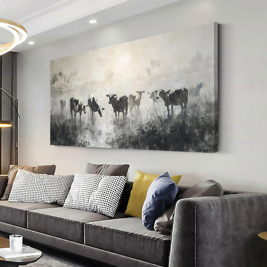 LASMOND Black and White Cow Wall Art for Living Room Ink Wash Canvas Painting Prints Morning Cattle
