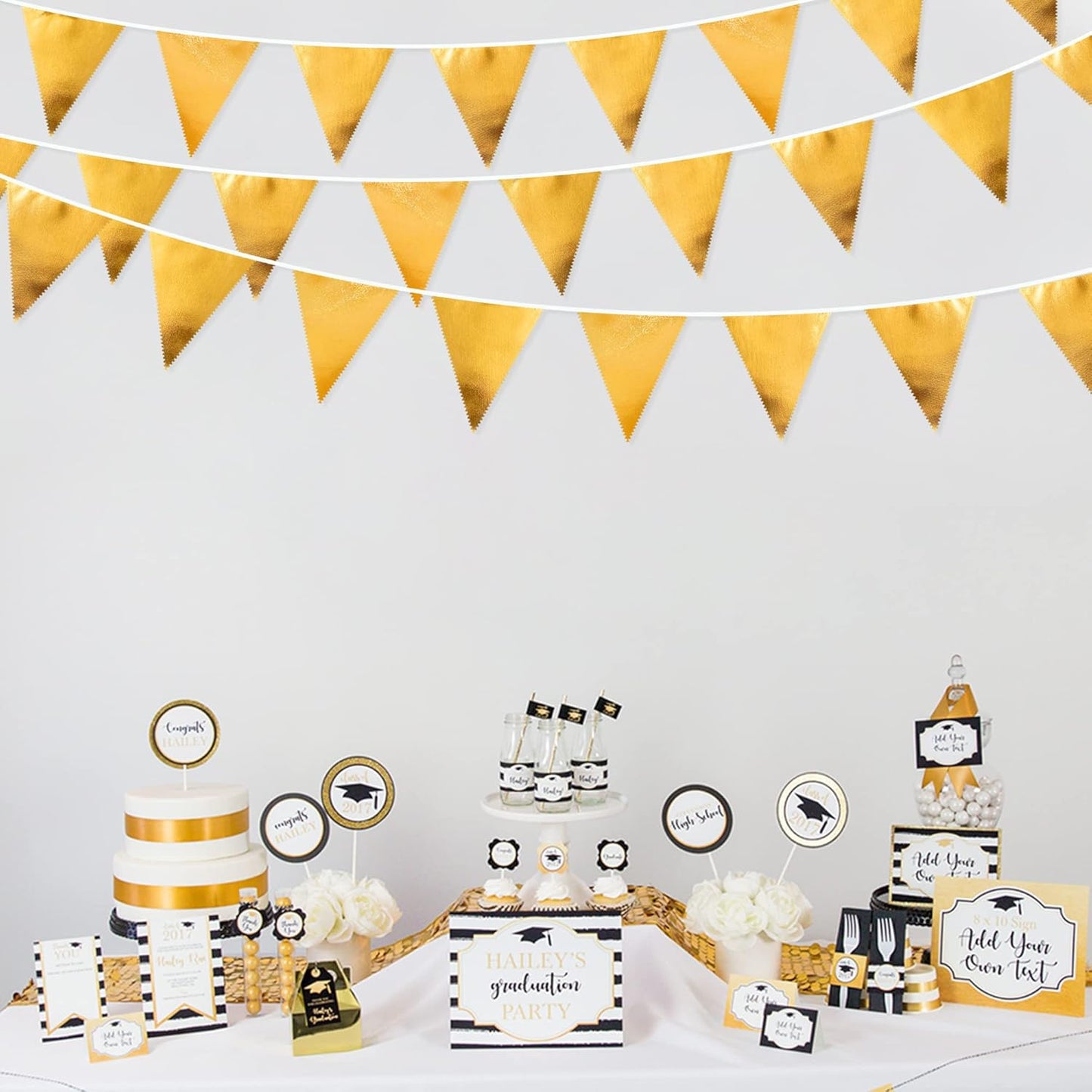 Gold Party Decorations Metallic Fabric Triangle Pennant Banner Gold Flag Bunting Garland for