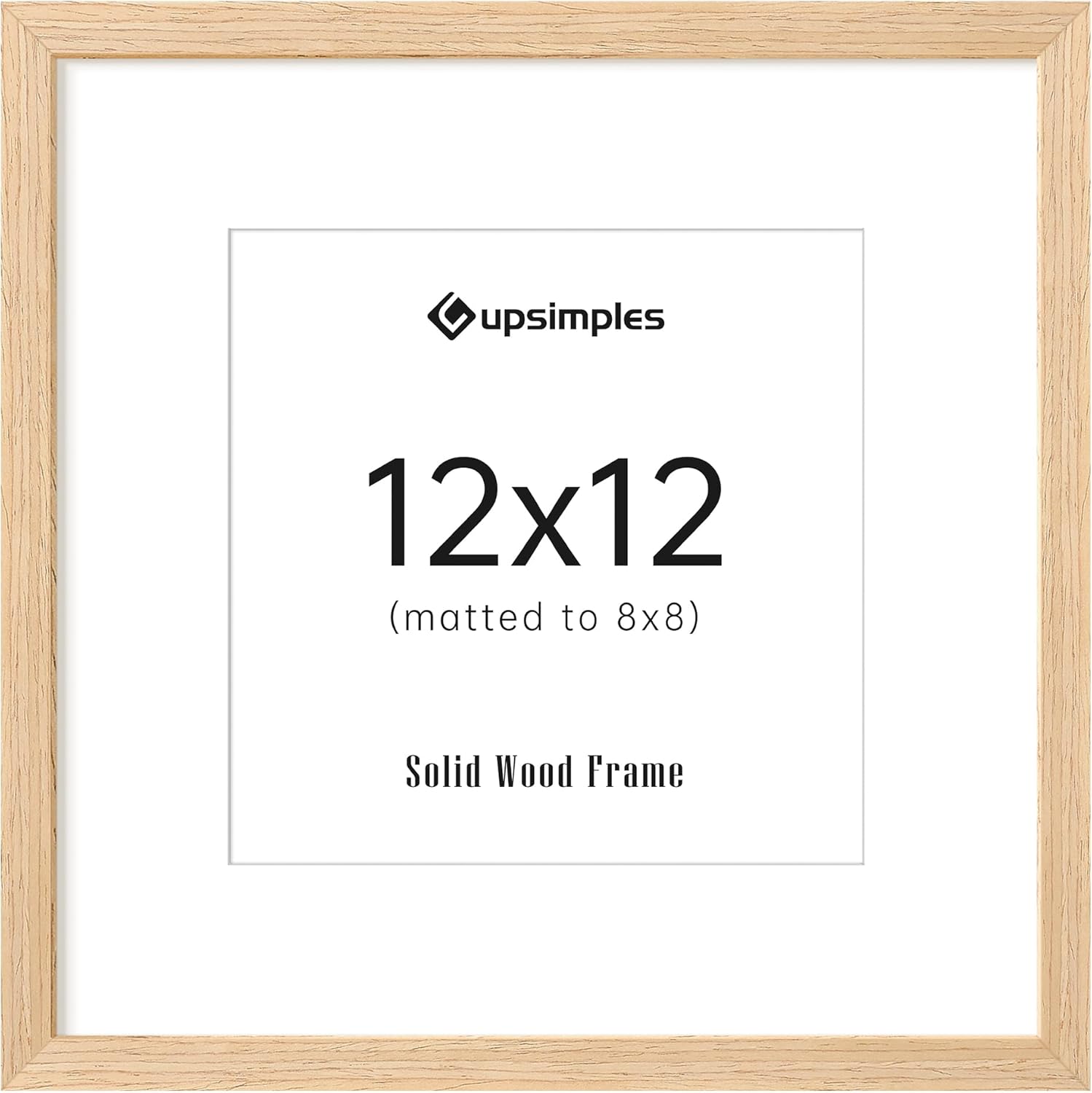 upsimples 12x12 Frame, Natural Solid Wooden Picture Frames, Display 8x8 with Mat or 12 x 12 Without