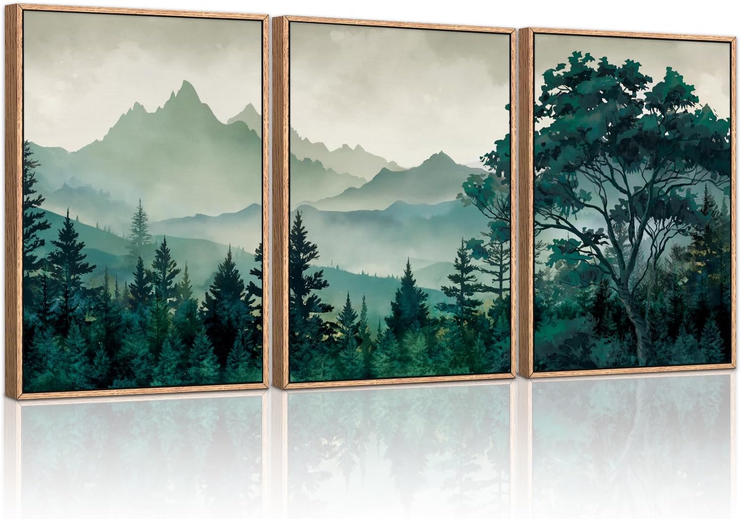 HLNIUC Green Foggy Forest Framed Canvas Wall Art Set,Watercolor Boho Pine Tree Wall Decor,Modern