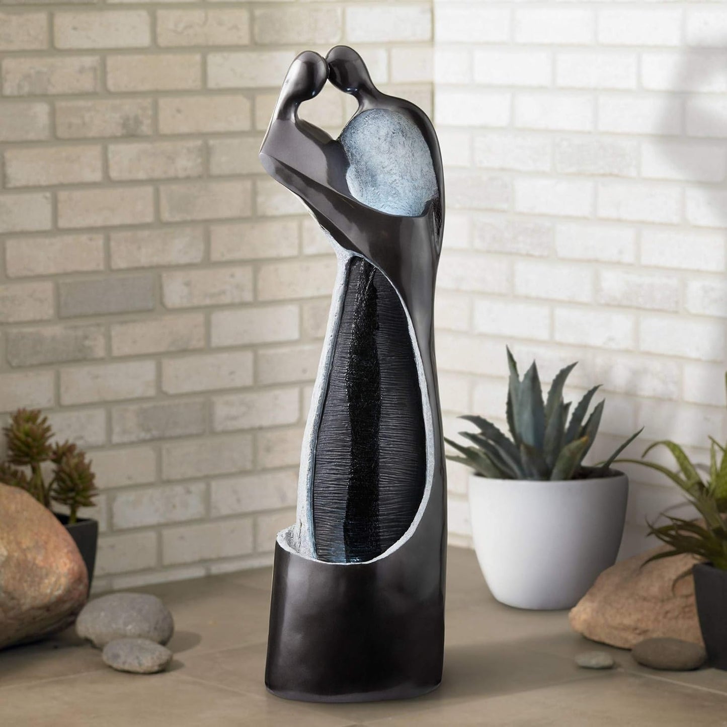 Modern Couple 47" High Large Indoor Outdoor Decor Black Resin Floor Fountain with Light LED Tall