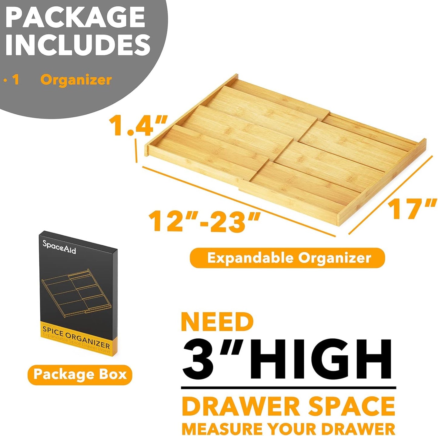 SpaceAid Bamboo Spice Drawer Organizer, (Need 3" Deep Drawer) Expandable 4 Tier Spices Rack for