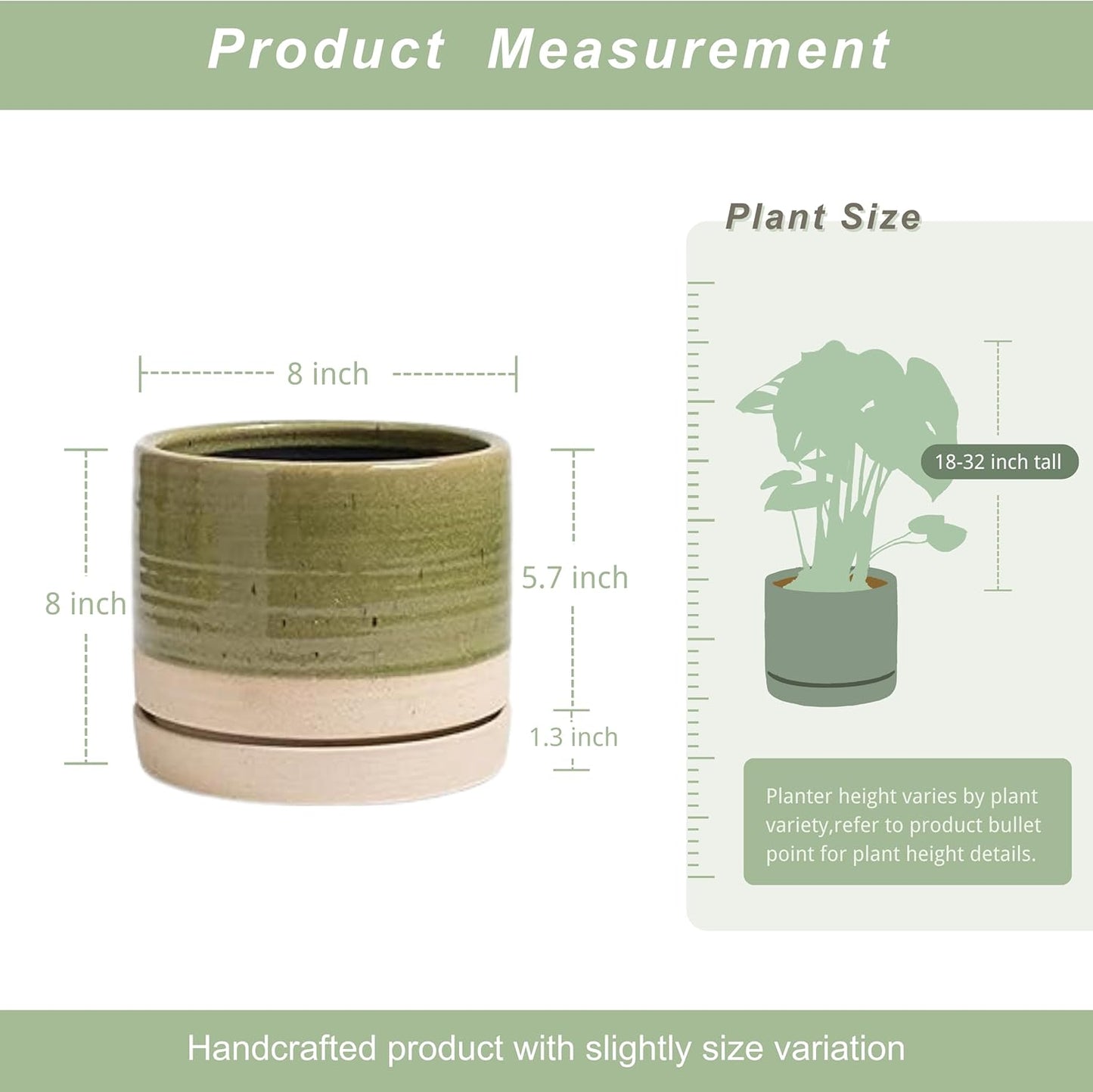 8 Inch Pots for Plants, Ceramic Planter Pot with Drainage Hole & Saucer, Indoor/Outdoor Cylinder