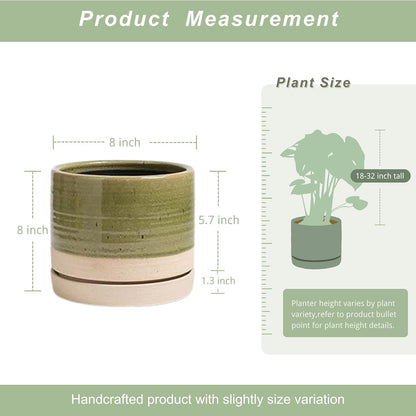 8 Inch Pots for Plants, Ceramic Planter Pot with Drainage Hole & Saucer, Indoor/Outdoor Cylinder