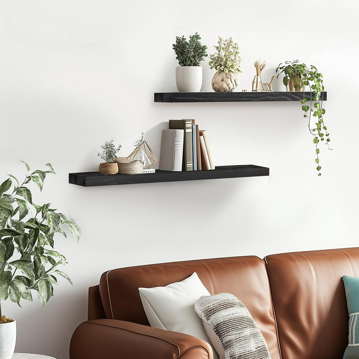 Floating Wall Shelves 2-Pack - Rustic Black 16-inch Wooden Wall Shelves for Storage and Décor