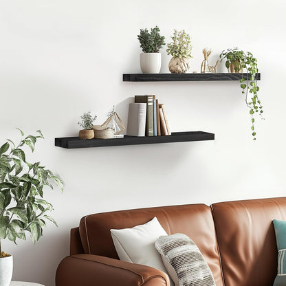 Floating Wall Shelves 2-Pack - Rustic Black 16-inch Wooden Wall Shelves for Storage and Décor