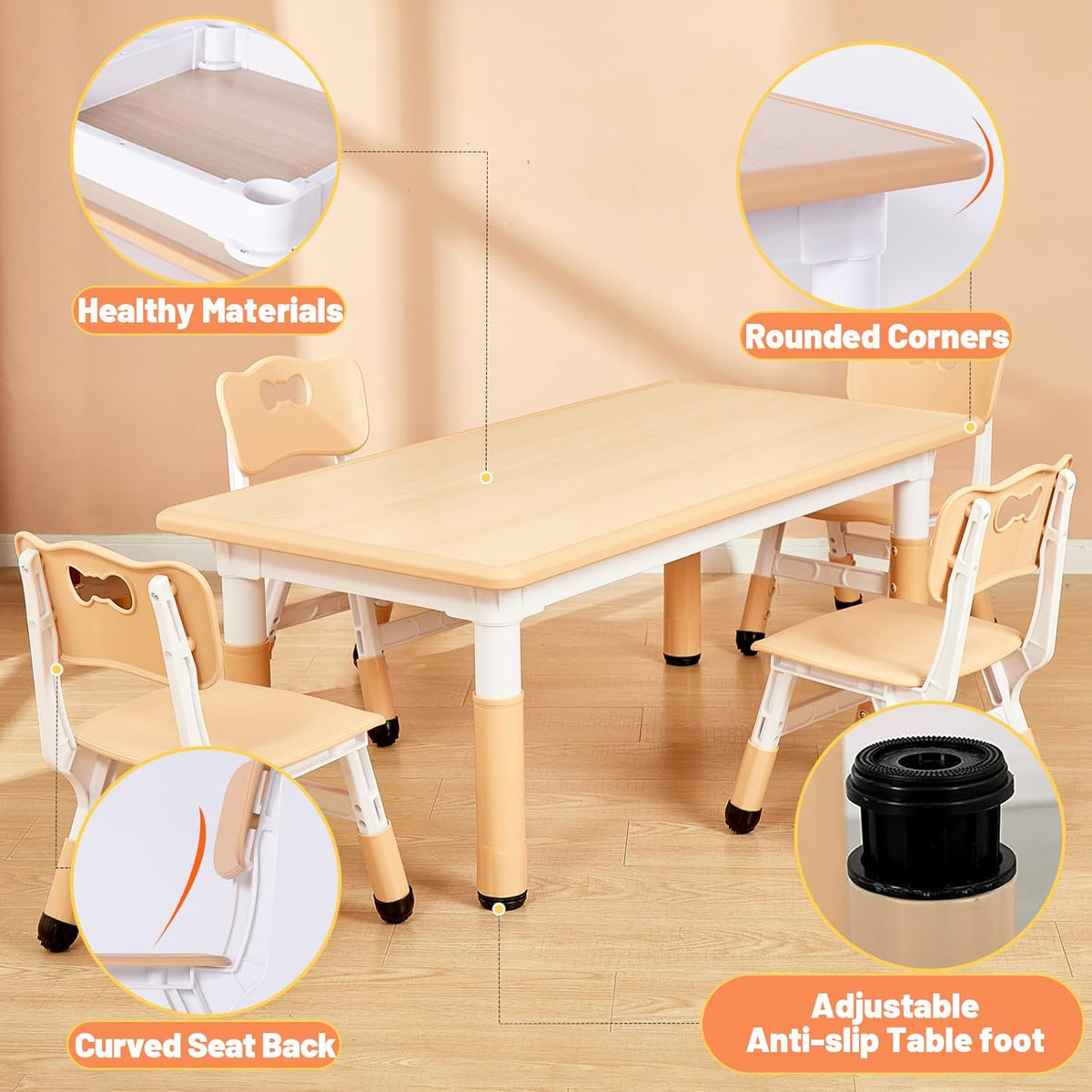 FUNLIO Kids Table and 4 Chairs Set for Ages 3-8, Height Adjustable Toddler Table and Chair Set