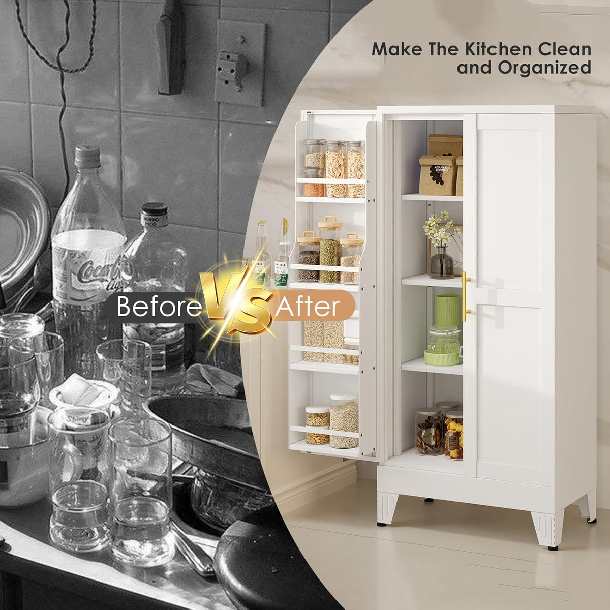 51" H Metal Kitchen Pantry Storage Cabinet, Freestanding Cupboard Storage Cabinet with Doors and