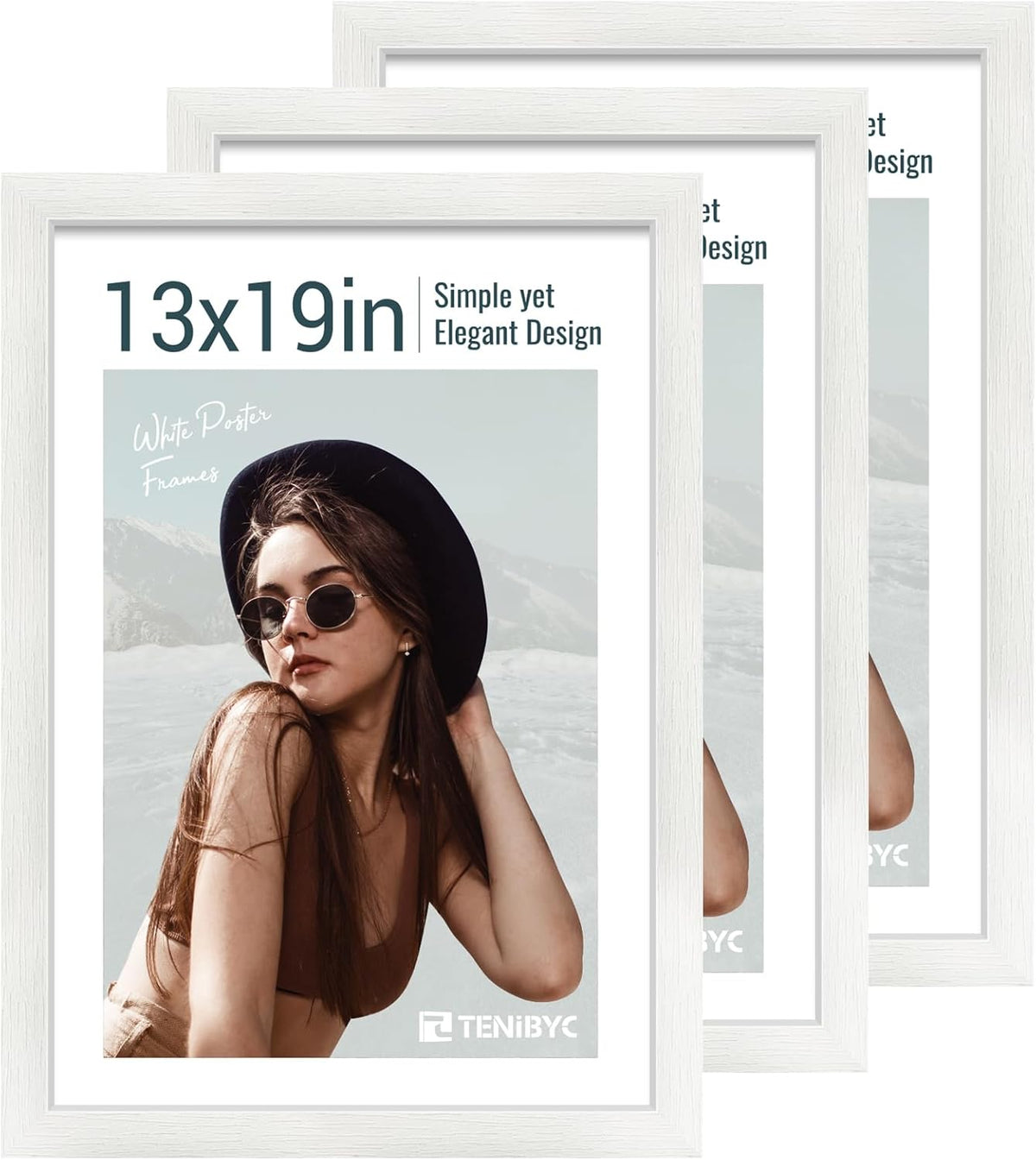 13x19 Picture Frame 3 pk, Textured White Solid Wood Poster Frame, HD Tempered Glass, Wall Gallery