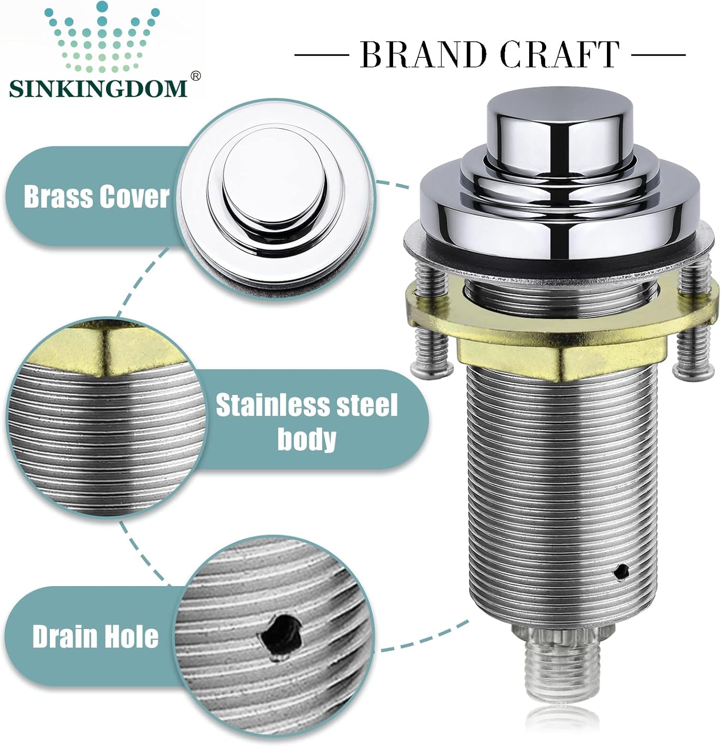 SinkTop Air Switch Kit (Long Full Brass Button) for Disposal, Dual Outlet, (Chrome)