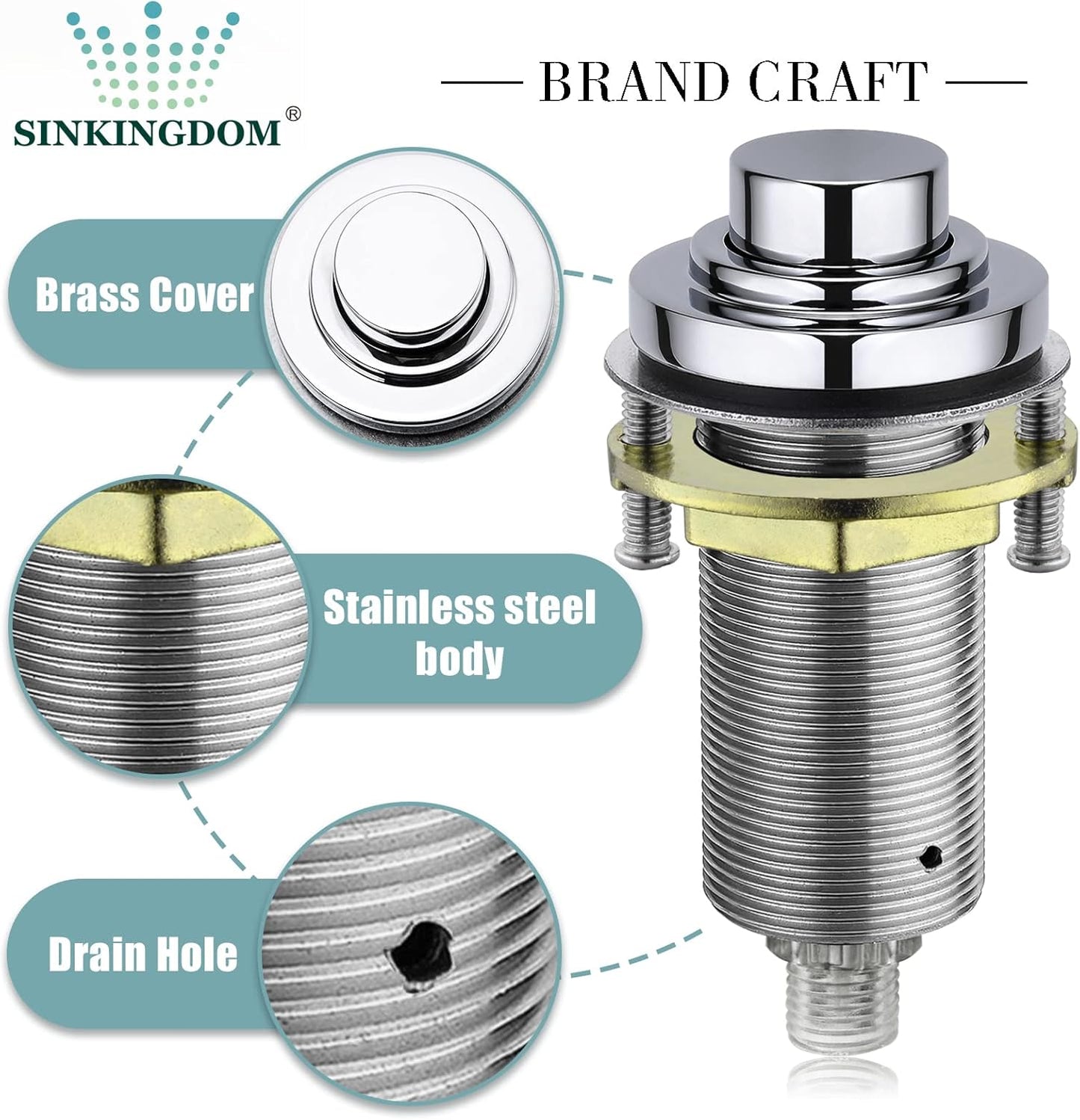 SinkTop Air Switch Kit (Long Full Brass Button) for Garbage Disposal, Cordless Chrome