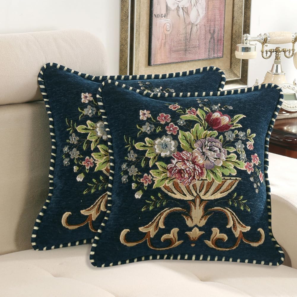 Set of 2 Blue Vintage Embroidered Throw Pillows Covers 18x18in，Vintage Decorations Floral
