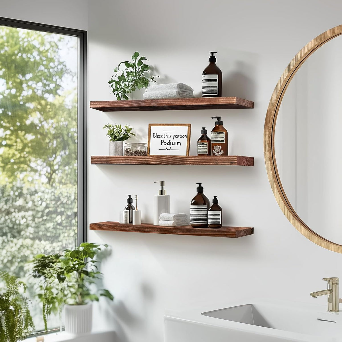 Floating Wall Shelves 3-Pack - 24-Inch Rustic Brown Wooden Shelves for Storage and Décor, Easy
