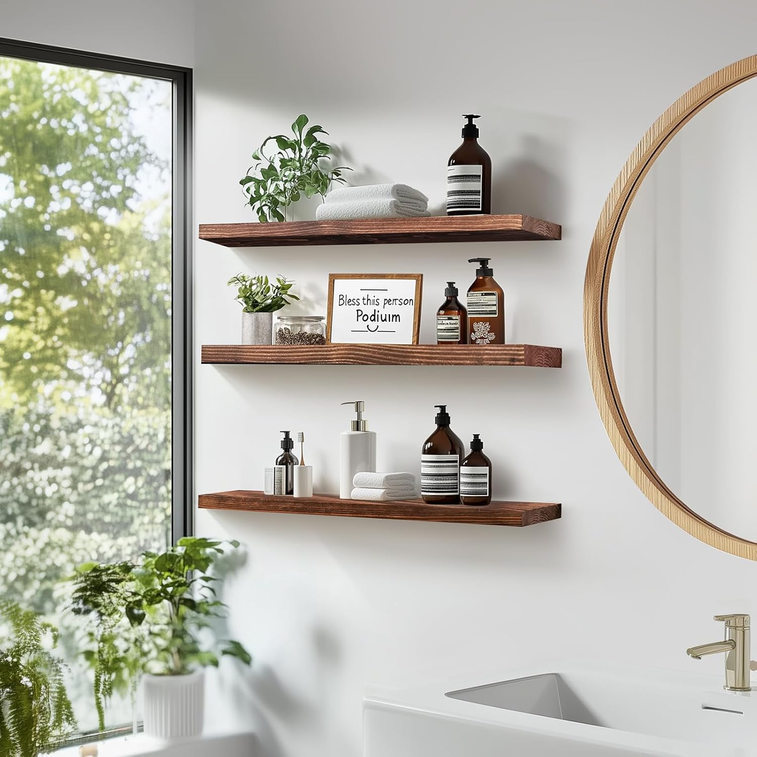 Floating Wall Shelves 3-Pack - 24-Inch Rustic Brown Wooden Shelves for Storage and Décor, Easy
