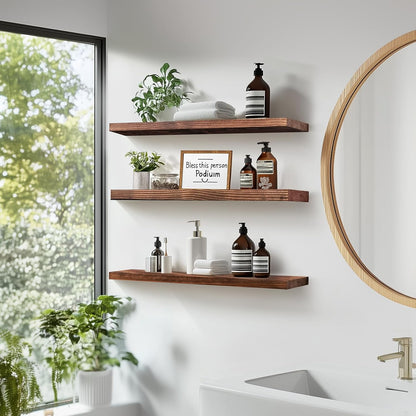 Floating Wall Shelves 3-Pack - 24-Inch Rustic Brown Wooden Shelves for Storage and Décor, Easy
