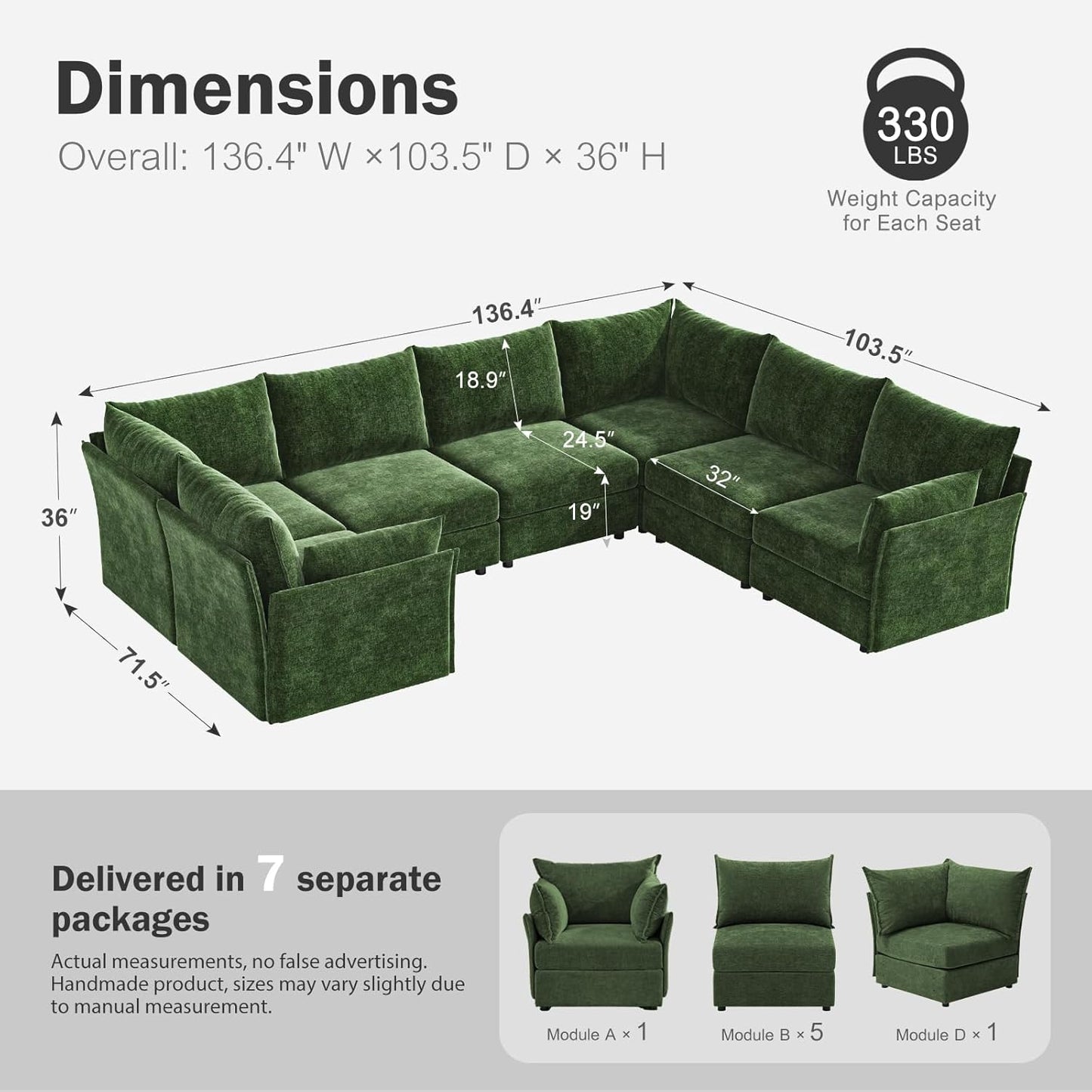 136.4" Oversized Modular Sectional Sofa, U Shaped Convertible Couch with Movable Ottoman, Large 7