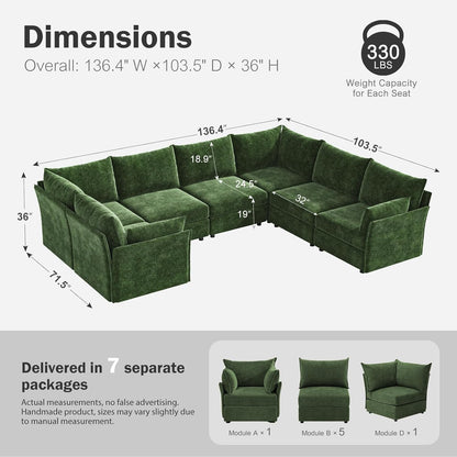 136.4" Oversized Modular Sectional Sofa, U Shaped Convertible Couch with Movable Ottoman, Large 7