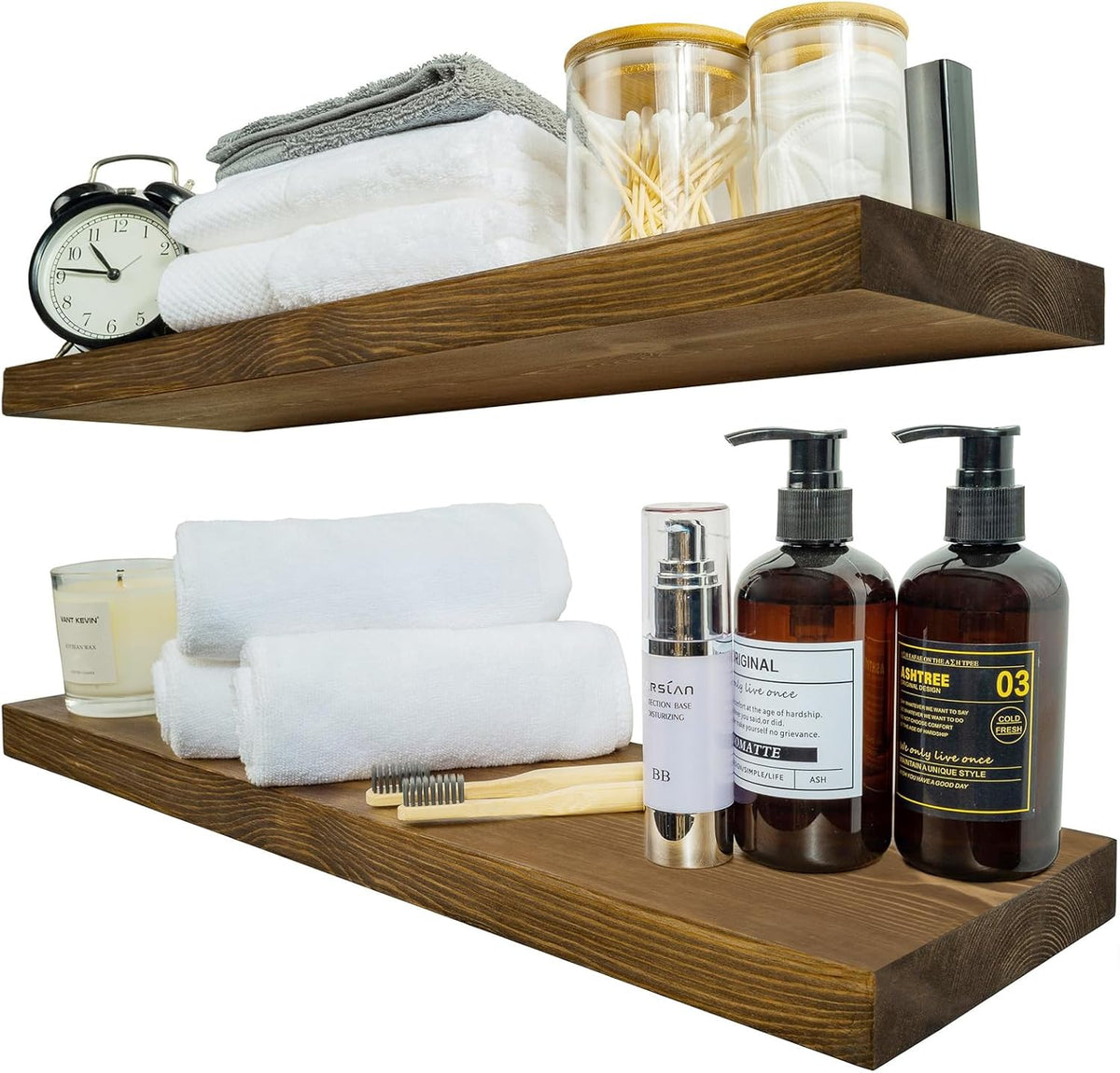 BGMG Wood Floating Shelves for Wall 24 inch Set of 2, Rustic Wooden Wall Mount Shelves for Bathroom