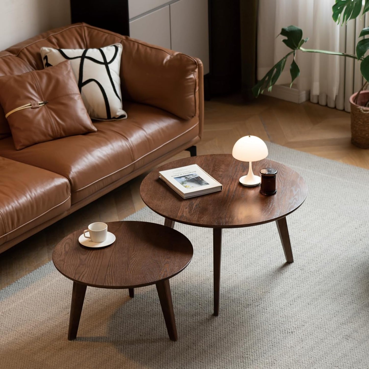 100% Solid Oak Wood Coffee Table Set, Round Coffee Table Combo Side Table w/Solid Wood Legs, Mid