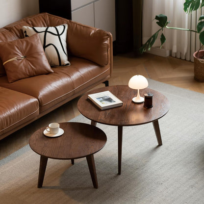 100% Solid Oak Wood Coffee Table Set, Round Coffee Table Combo Side Table w/Solid Wood Legs, Mid