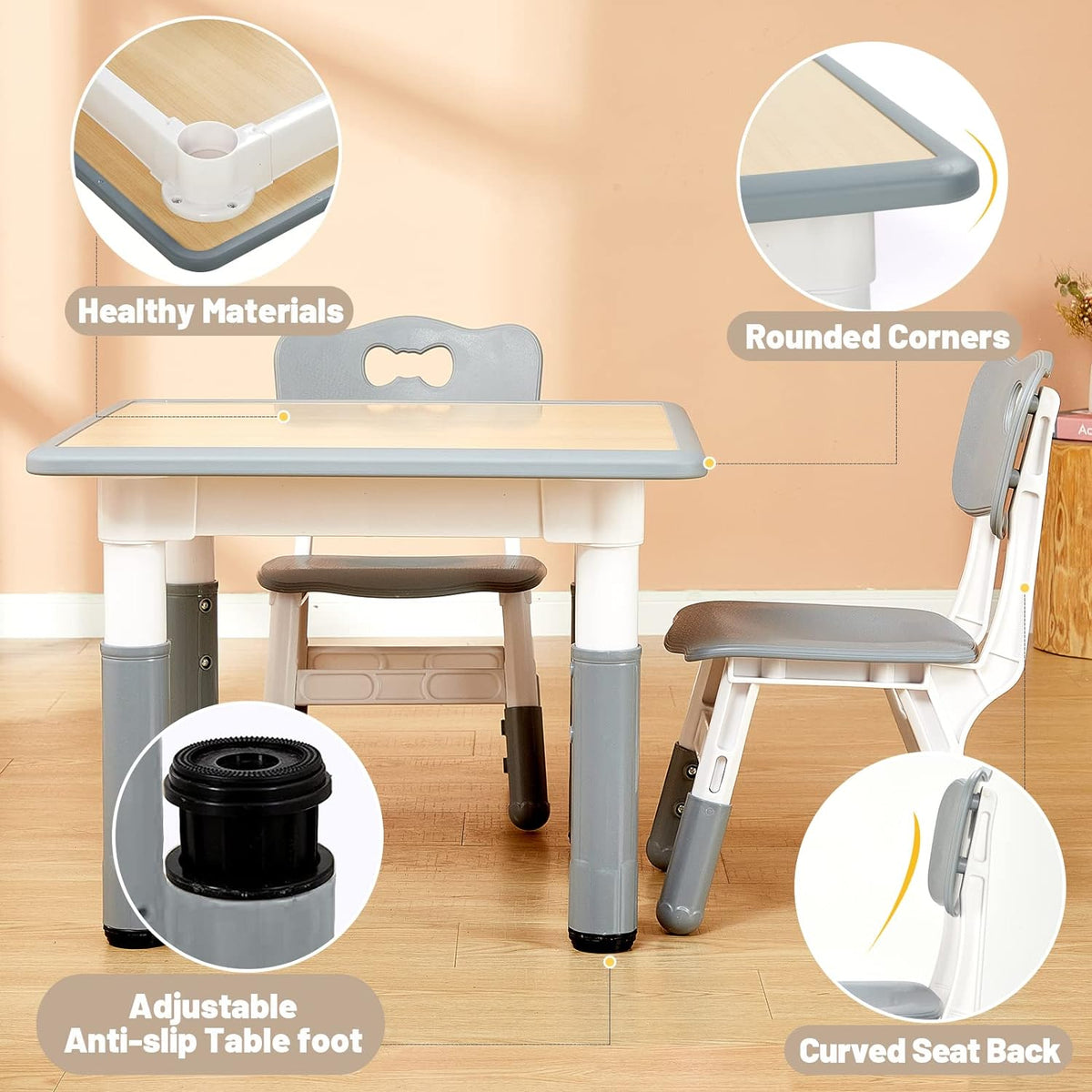 FUNLIO Kids Table and 4 Chairs Set, Height Adjustable Toddler Table and Chair Set for Ages 3-8