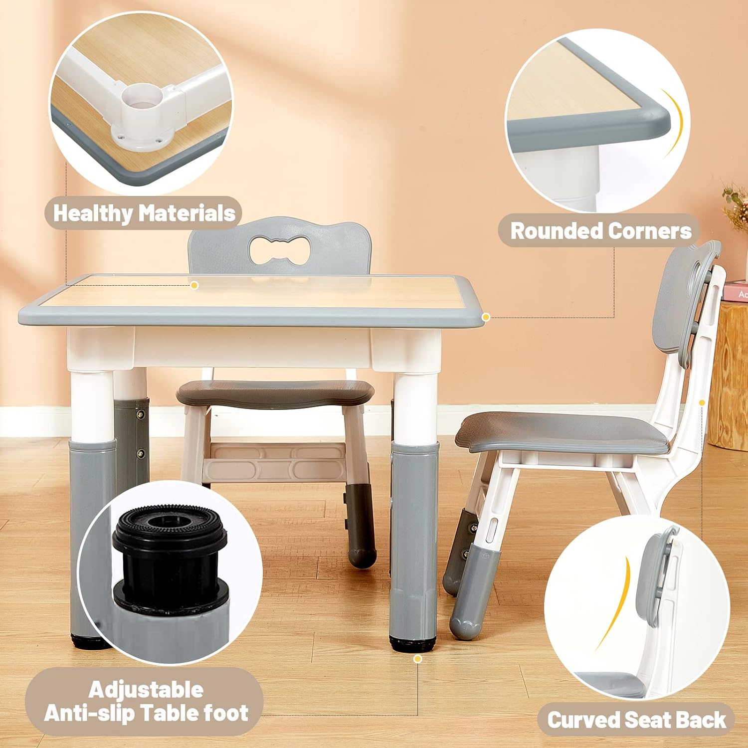 FUNLIO Kids Table and 4 Chairs Set, Height Adjustable Toddler Table and Chair Set for Ages 3-8