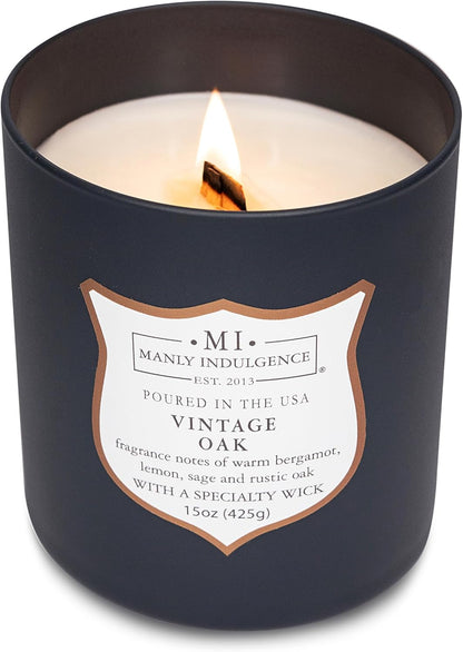 Manly Indulgence Vintage Oak Scented Candles for Men, 15 oz Wooden Wick, Premium Soy Blend Wax, 60H