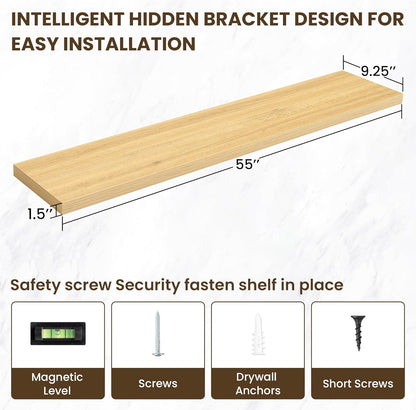 55 Inch Floating Shelves, 3D Textured Wood Grain, 55"x9.25"x1.5" Inch Deep Floating Shelves for