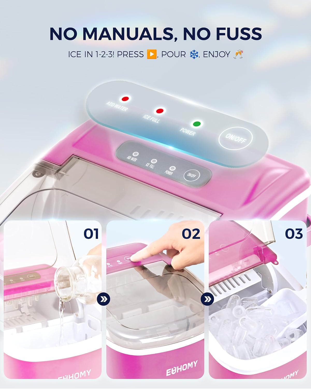 EUHOMY Countertop Ice Maker Machine with Handle, 26lbs in 24Hrs, 9 Ice Cubes Ready in 6 Mins