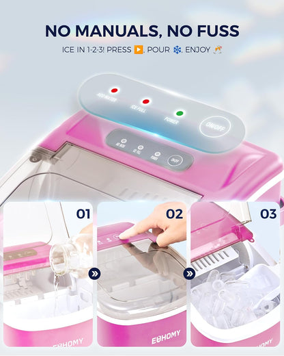 EUHOMY Countertop Ice Maker Machine with Handle, 26lbs in 24Hrs, 9 Ice Cubes Ready in 6 Mins