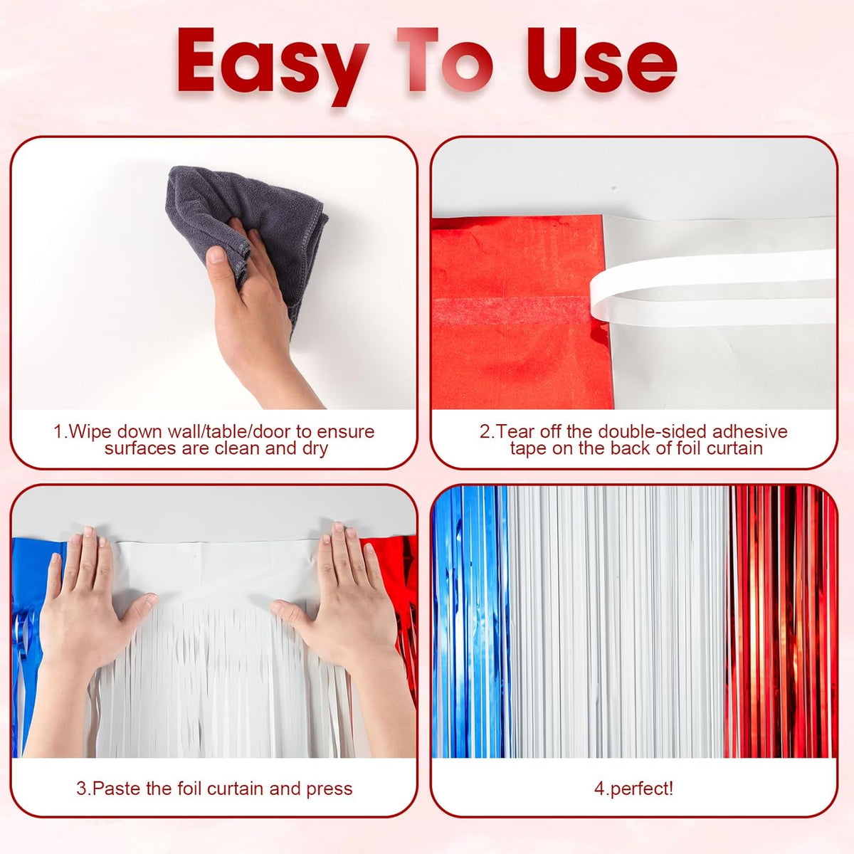 3 Pack 3.3 x 8.2 ft Red White and Blue Foil Fringe Backdrop Curtains, Tinsel Streamers Party