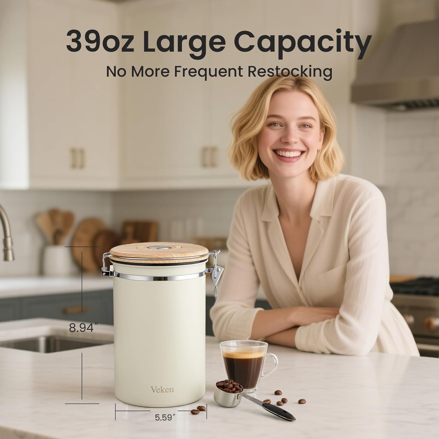 Veken Coffee Canister, 39OZ Large, Airtight Stainless Steel Food Storage Container for 2.2lbs
