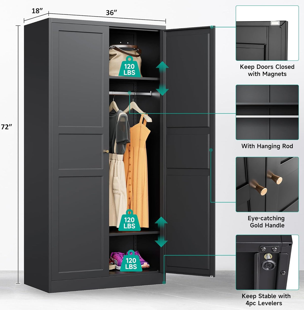 SISESOL Metal Wardrobe Cabinet with Hanging Rod,Black Armoire Wardrobe Closet,Metal Clothing