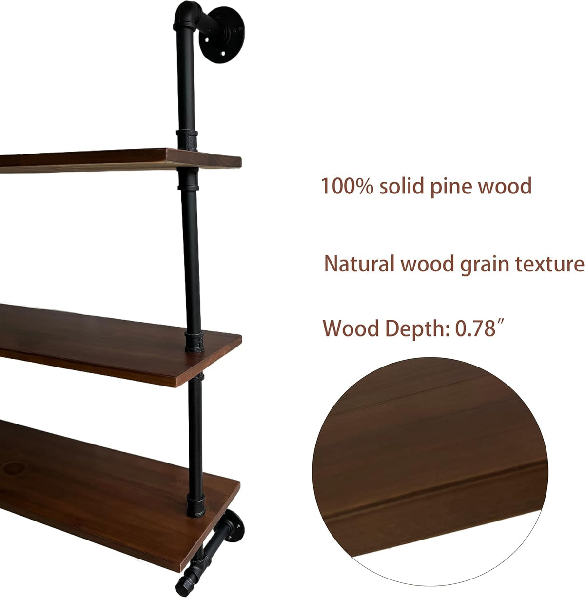Industrial Pipe Wall Shelves Pipe Shelving with Real Wood Plank ,60 Inches Floating Shelves for