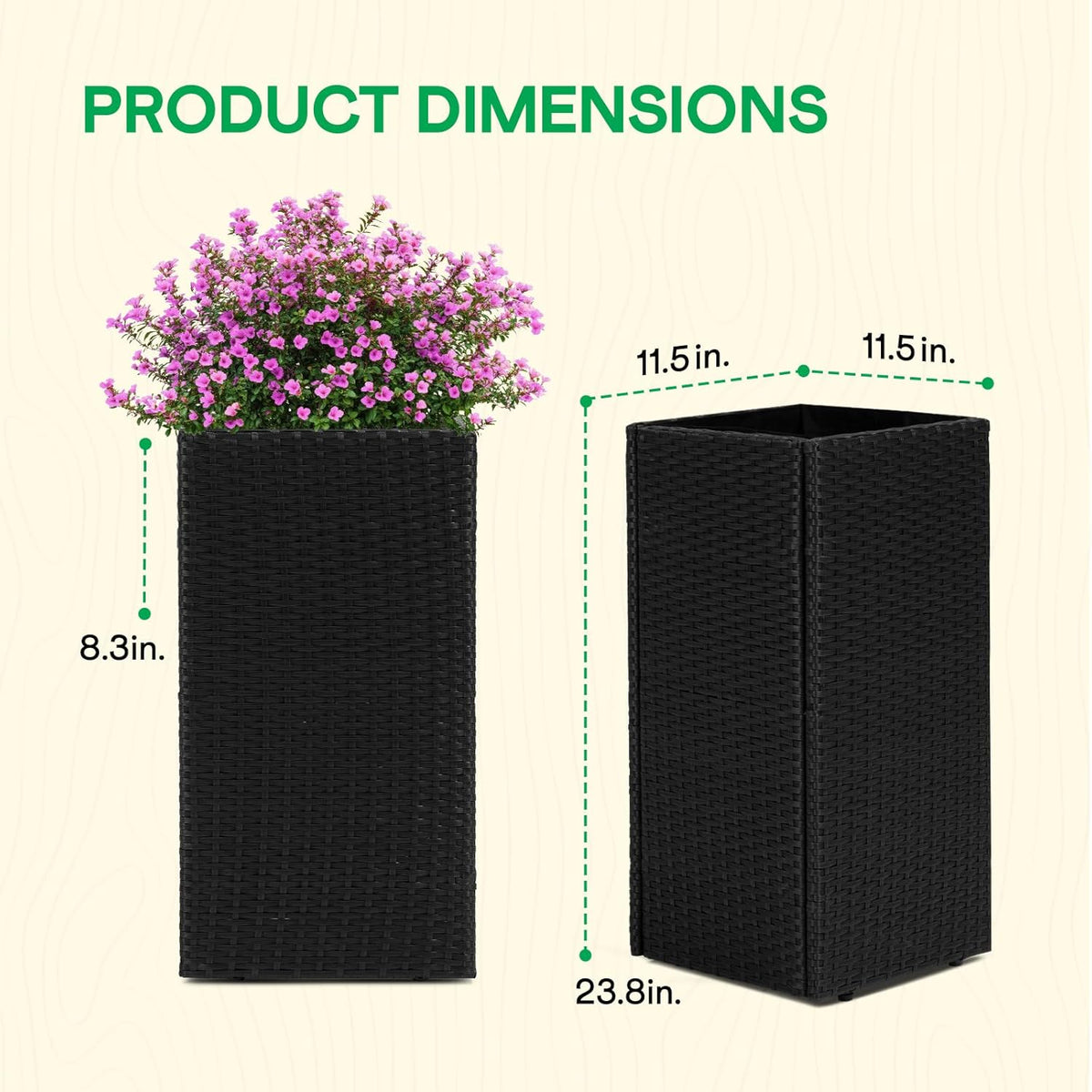 IDZO All-Weather Wicker Planters, Set of 2, 24 in Tall Wicker Planters, Self-Watering with