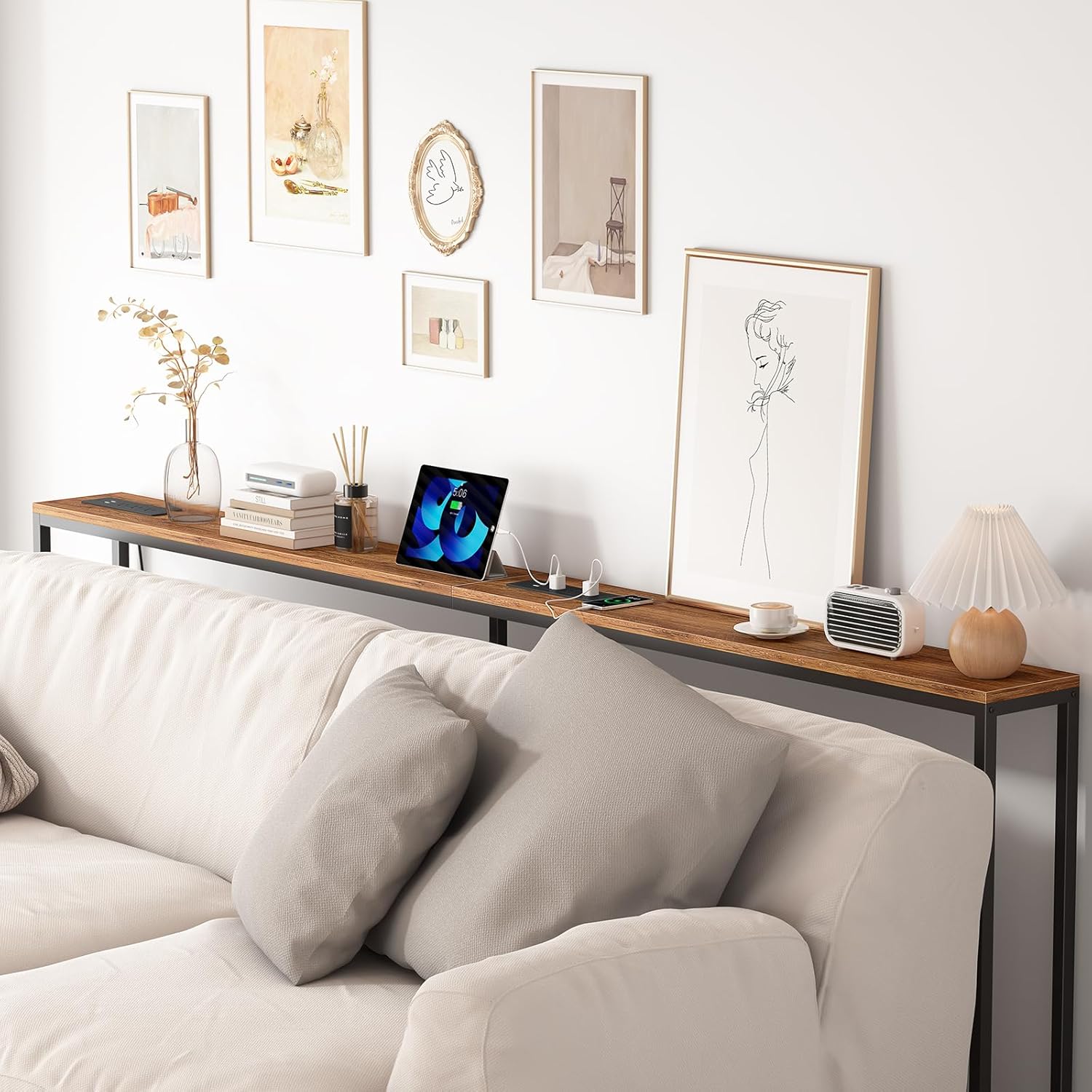 Narrow Sofa Table with 2 Power Outlets, 71” Thin Console Tables Narrow Long, Behind Couch Table