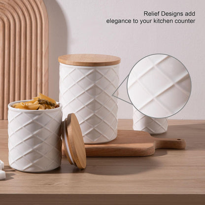 Sweejar Ceramic Canisters Sets for Kitchen Countertop, Relief Food Storage Jar with Bamboo Lid