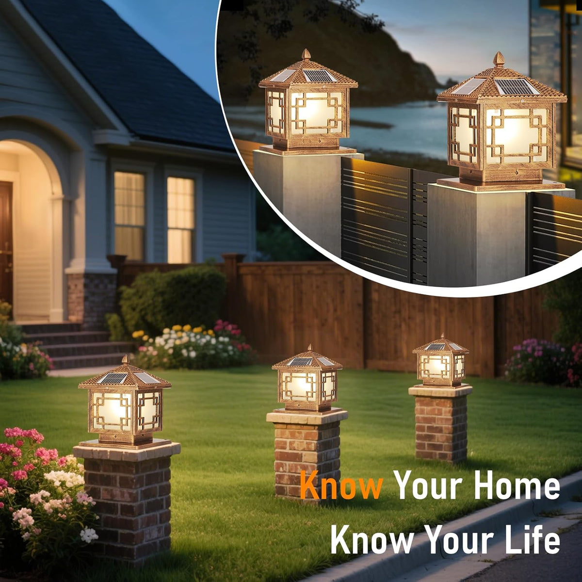 SLAWA Outside Housing Post Lighting Fixtures 9.8In Solar Post Caps Lights Bronze Aluminium