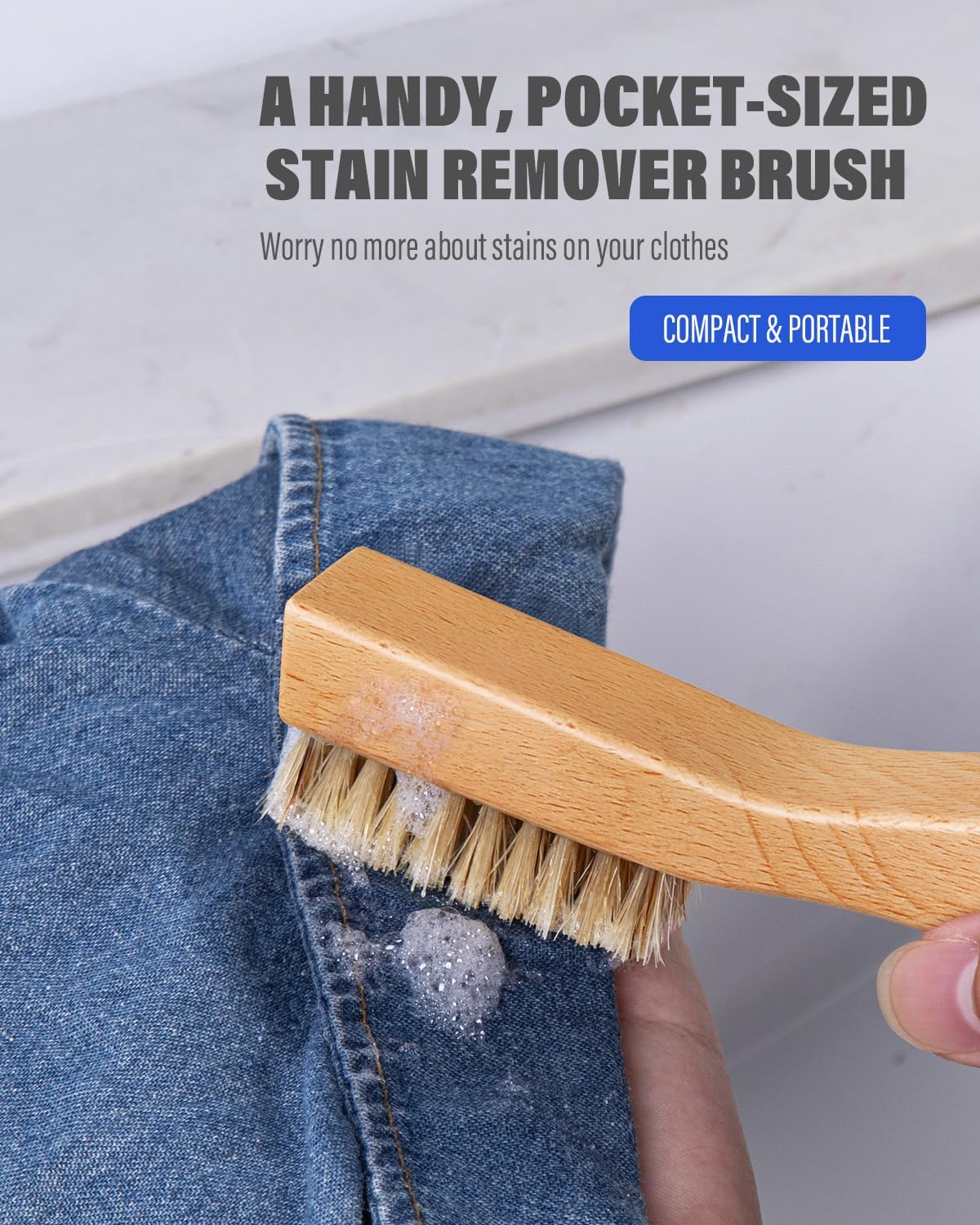 VASSON Natural Soft Boar Bristle Laundry Stain Brush, Laundry Scrub Brush,Laundry Brush for Stains