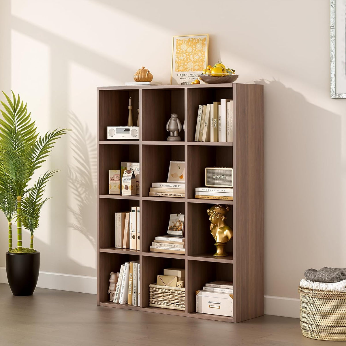 12-Cube Storage Shelf Bookcase - Wooden 3-Tier Floor Standing Open Bookshelf for Home and Office