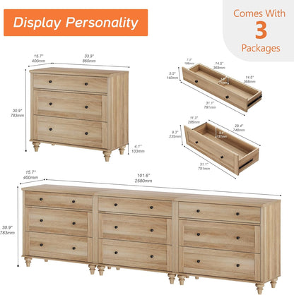 WAMPAT Oak Dresser for Bedroom with 9 Drawers, Kids Dressers with Wide Chest of Drawers, Mid
