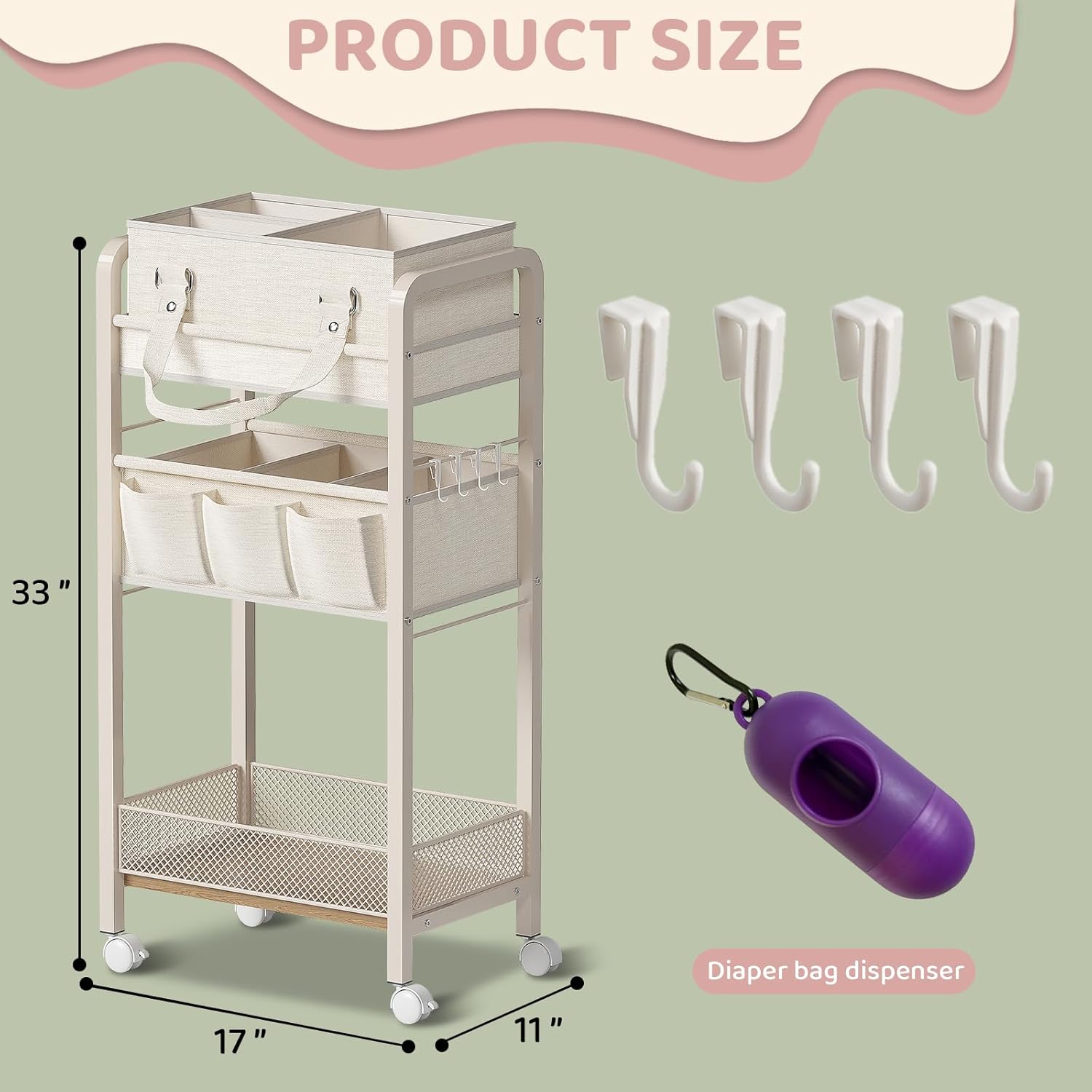 Baby Diaper Caddy Organizer and Storage,2In1 Baby Cart Organizer-Baby Diaper Caddy+3 Tier Rolling