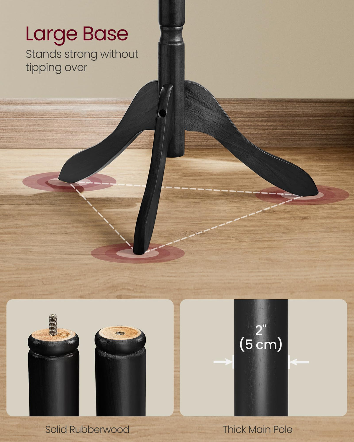VASAGLE Solid Wood Coat Rack and Stand, Free Standing Hall Coat Tree with 10 Hooks for Hats, Bags