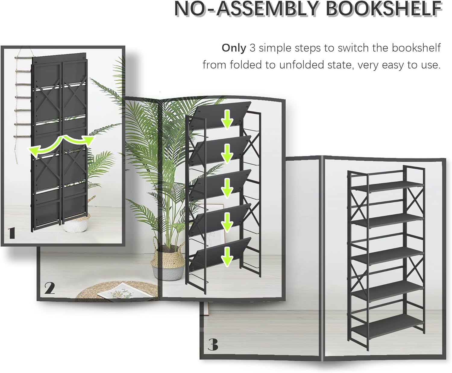 4NM 5 Tiers No Assembly Book Shelves, 51.2" H Folding Bookshelf Bookcase Open Industrial Foldable