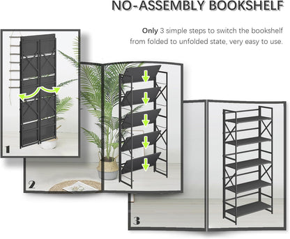 4NM 5 Tiers No Assembly Book Shelves, 51.2" H Folding Bookshelf Bookcase Open Industrial Foldable